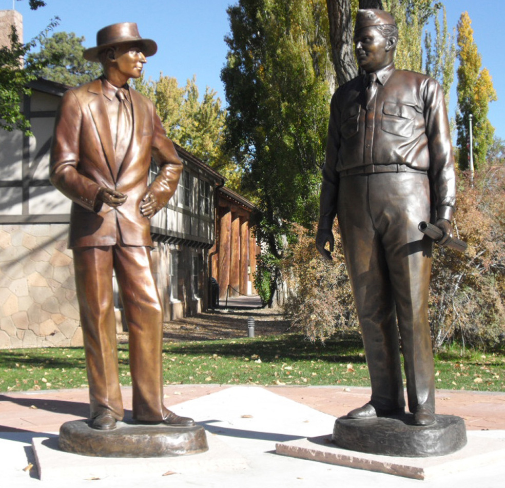 Oppenheimer & General Groves immortalized by Susanne Vertel in bronze in Los Alamos. Photo courtesy of the Los Alamos Historical Museum Archives.